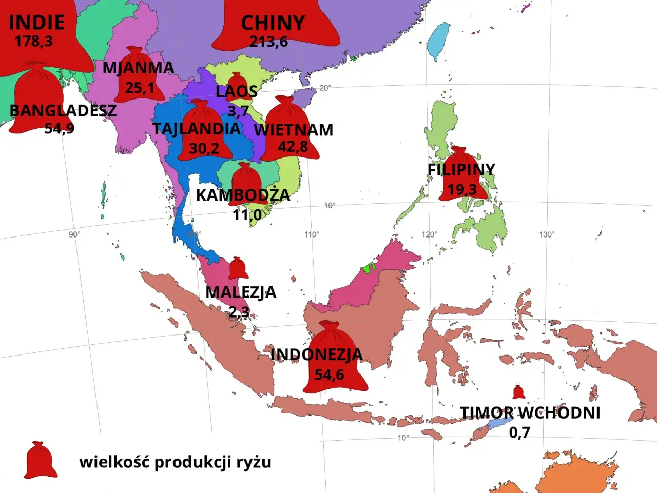 Mapa pokazuje, gdzie leży Malezja, między Indonezją a Tajlandią, z zaznaczoną produkcją ryżu w regionie.