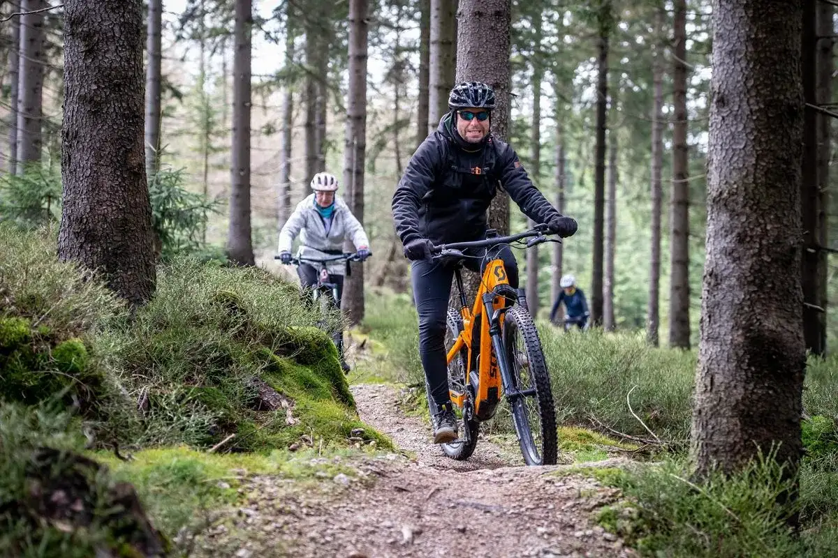 Rowerzyści na leśnym szlaku, odkrywający najlepsze trasy rowerowe w Polsce.