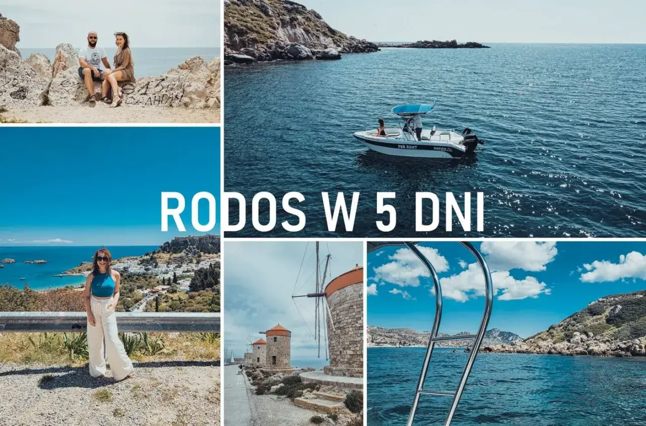 Rodos miasto atrakcje: para na skałach, łódź na morzu, kobieta z widokiem na Lindos, wiatraki, schody do wody.